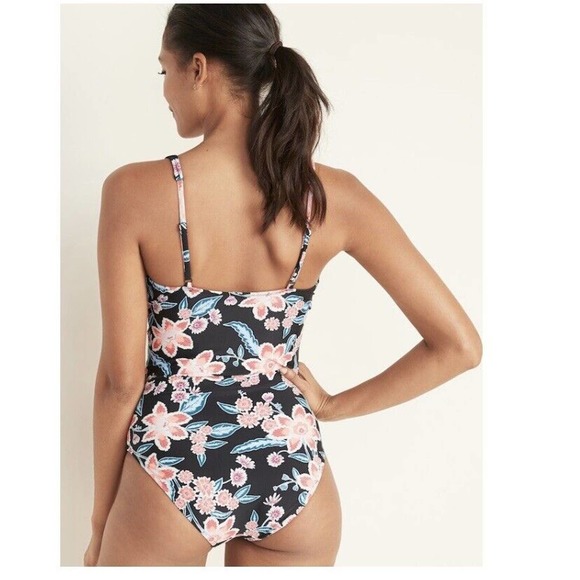 NEW - Women’s Size Small Black And Blue Floral Print One Piece Swimsuit Swimwear - Picture 10 of 12